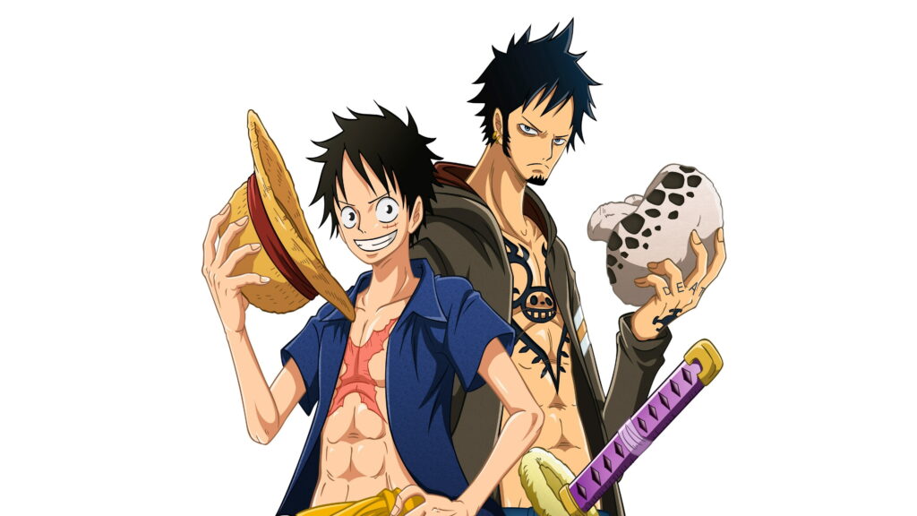 Dynamic Duo: One Piece's Luffy and Law on a White Studio Background Wallpaper