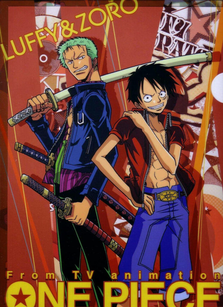 Dynamic Duo: Luffy and Zoro Strike a Powerful Pose in this Epic One Piece Desktop Wallpaper
