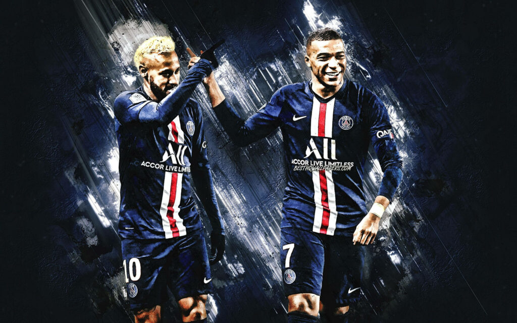 Dynamic Duo Uniting In Triumph: Kylian Mbappe 4k and Neymar Embrace in Victory Wearing All-accor Live Limitless Football Jerseys Wallpaper