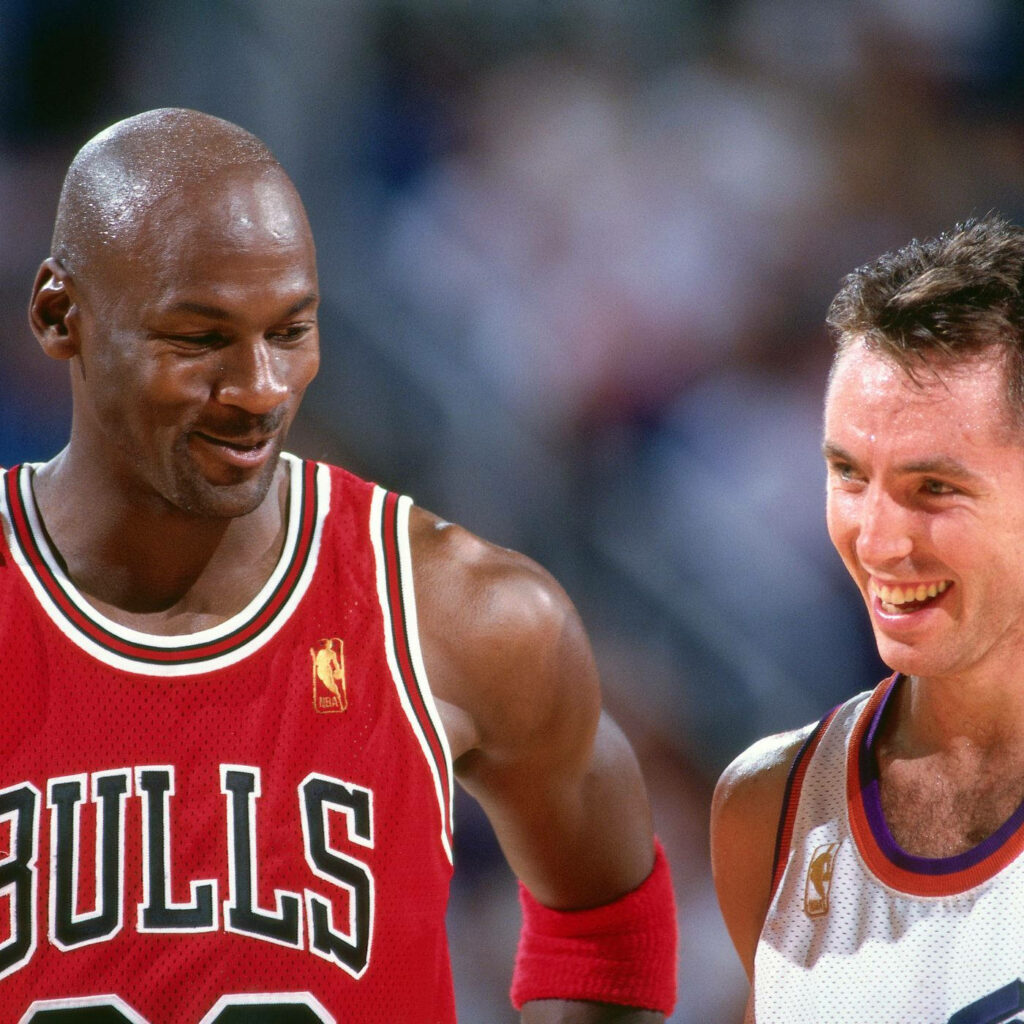 A Legendary Duo: Michael Jordan and Steve Nash Gracing the Frame with Pure Joy Wallpaper