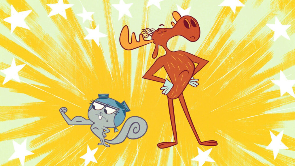 Dynamic Duo: Rocky and Bullwinkle Strike a Pose Against an Electric Yellow Backdrop Wallpaper