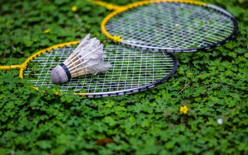 Brightly Colored Badminton Equipment Resting Amongst a Bed of Cloverleaves Wallpaper