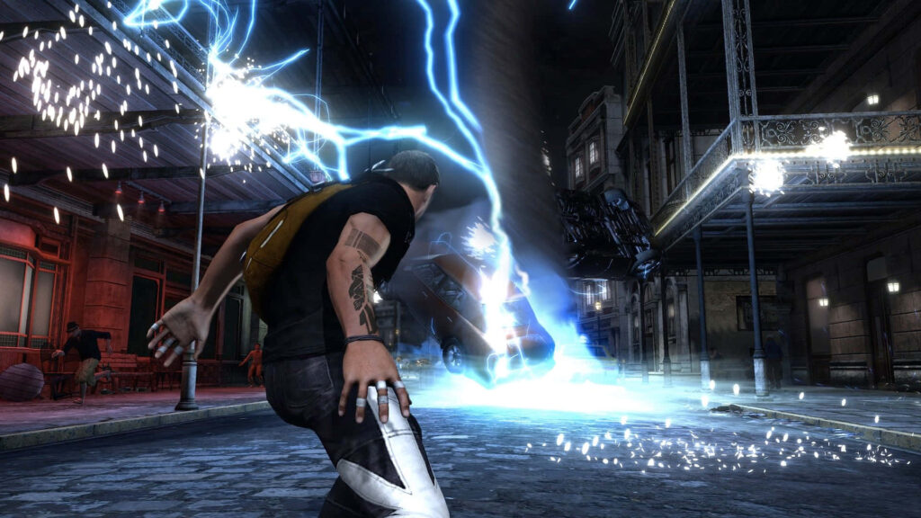 Dynamic Urban Wallpaper: Character Unleashing Electric Blasts