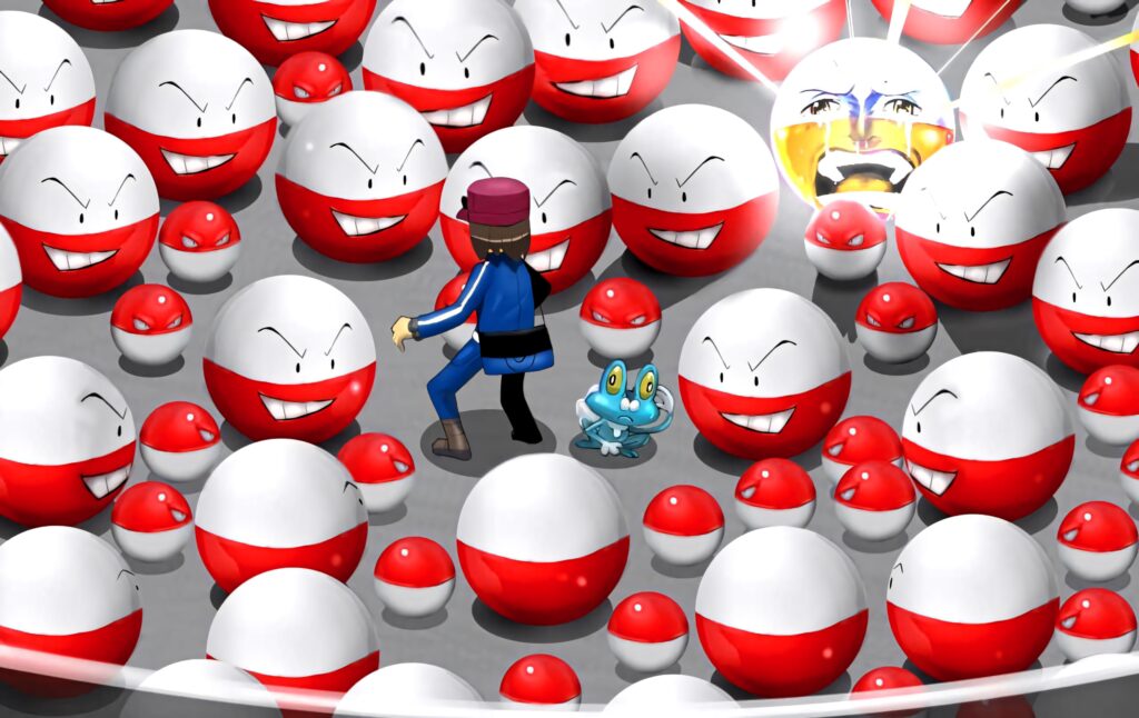 Anime-style wallpaper with Electrode Pokémon, trainer, and Froakie in vibrant reds and whites
