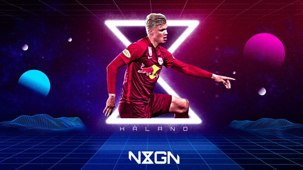 Dynamic Vector Art Wallpaper of Erling Haaland in Red Bull Kit