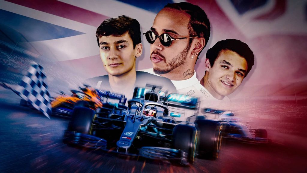 Dynamic F1 wallpaper with British stars George Russell Lewis Hamilton Lando Norris and Union Jack