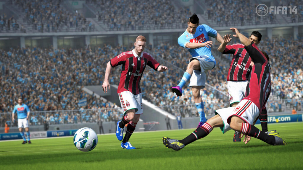 FIFA 14 Dynamic Gameplay: Intense Soccer Clash with Thrilled Fans Wallpaper