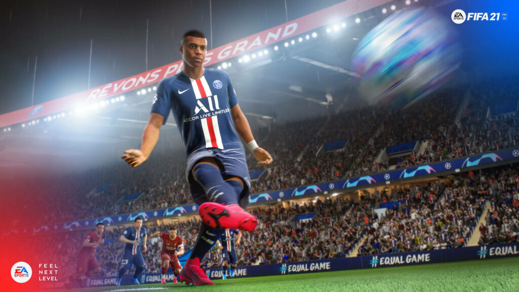 FIFA 21 Wallpaper: Kylian Mbappé's Dynamic Kick in Action