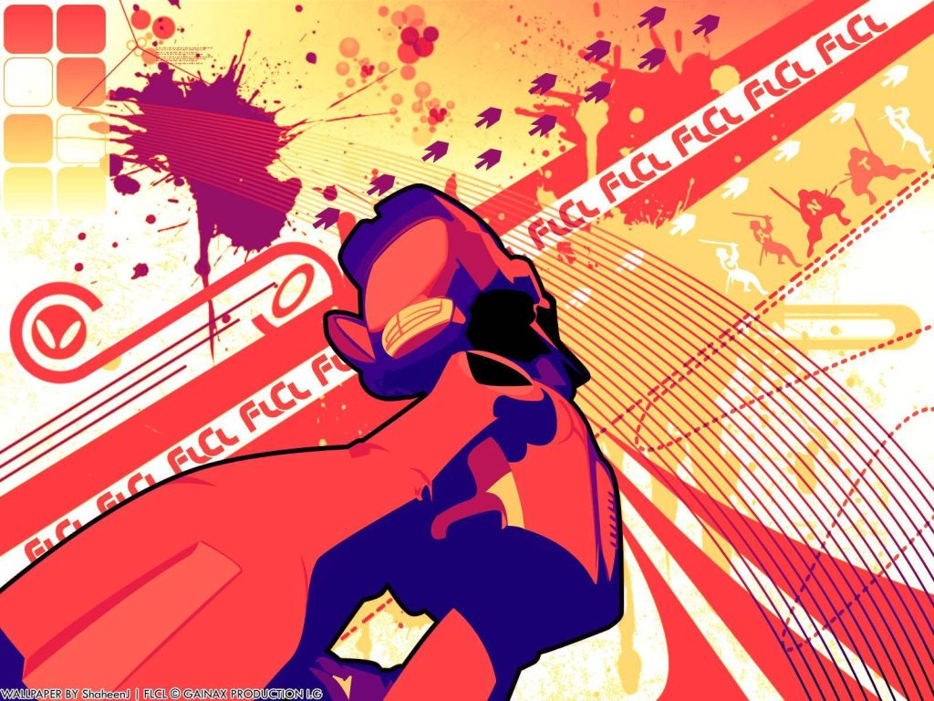 FLCL wallpaper featuring Canti robot with vibrant red orange purple ink splatters and shapes