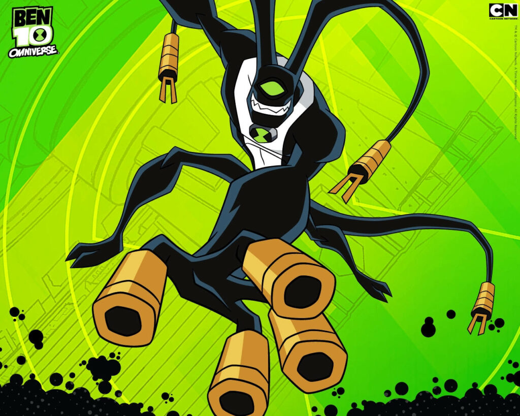 Ben 10 Feedback alien in dynamic action pose with vibrant green energy background wallpaper