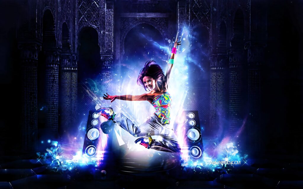 Dynamic female dancer mid-jump with neon lights and speakers in futuristic DJ wallpaper background