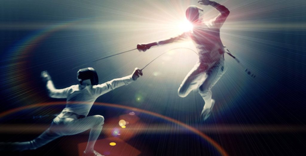 Two fencers in white gear clash in dynamic action with dramatic lighting and moody contrast wallpaper