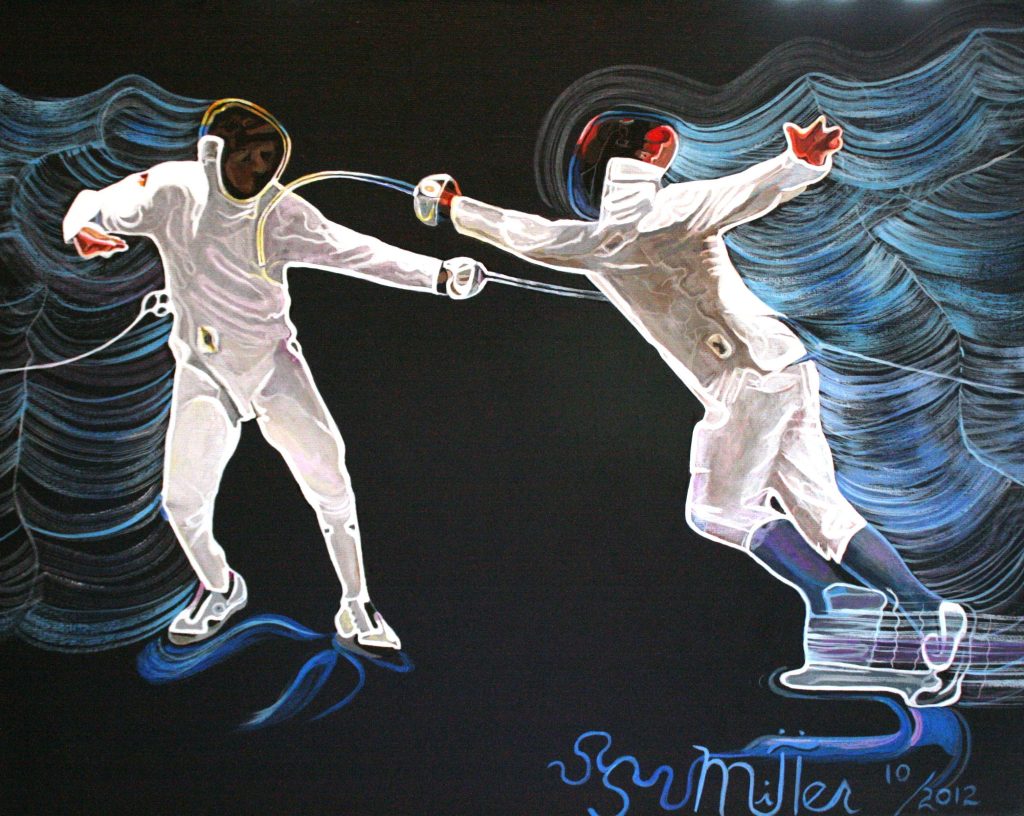 Two fencers in white gear duel with blue motion trails on black background competitive swordplay Wallpaper