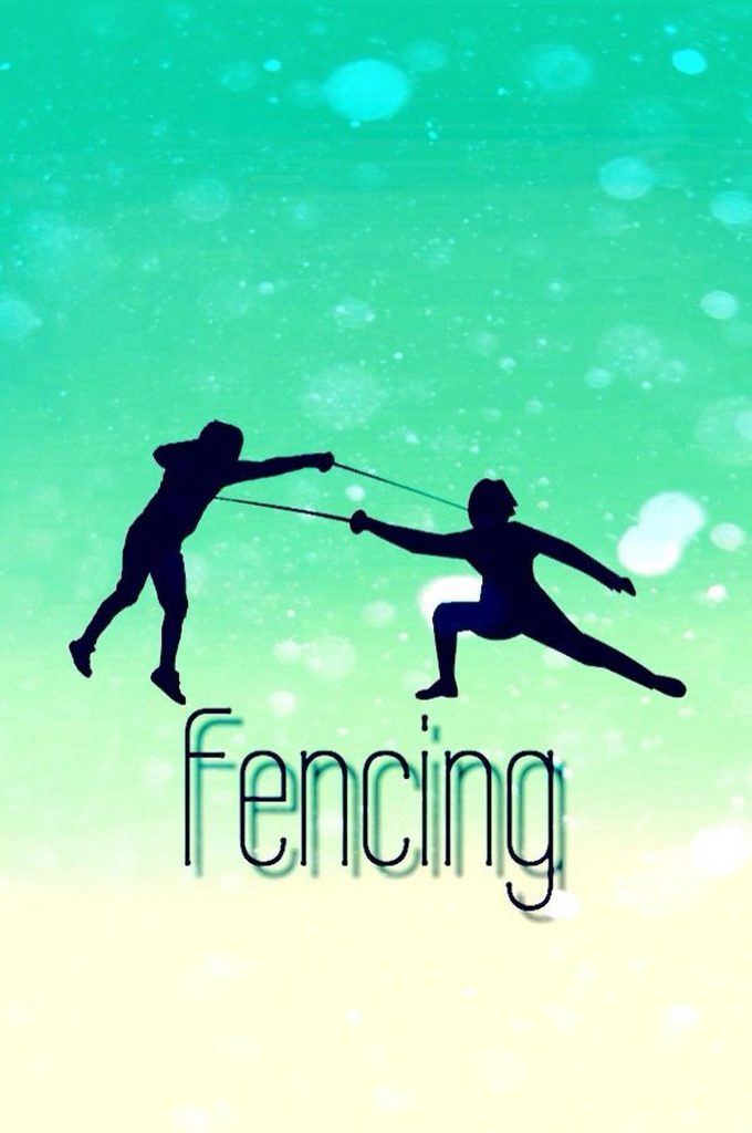 Dynamic fencing wallpaper with black athlete silhouettes on bright green bokeh background