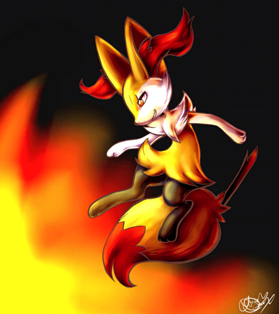 Dynamic Fiery Braixen artwork with vibrant flames and bold red orange yellow hues wallpaper background