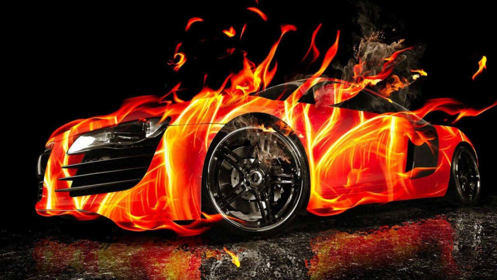 Dynamic Wallpaper: Modern Car Engulfed in Intense Flames