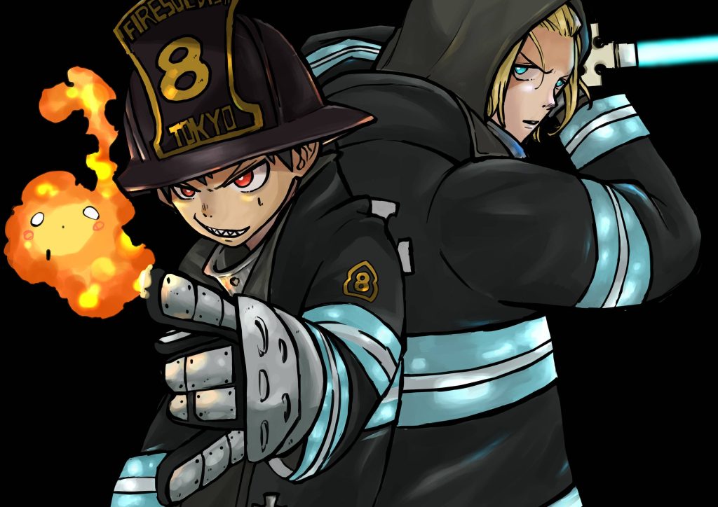 Fire Force wallpaper Shinra Kusakabe and Arthur Boyle back-to-back in epic anime pose