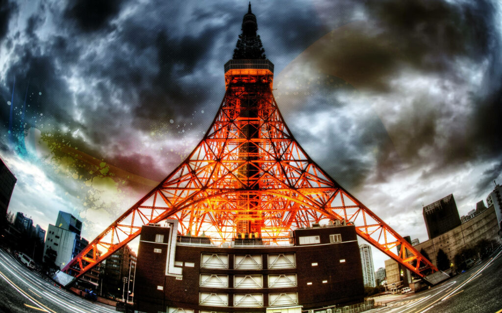 Dynamic Fish-Eye Tokyo Tower Wallpaper: Urban Vibrance & Drama