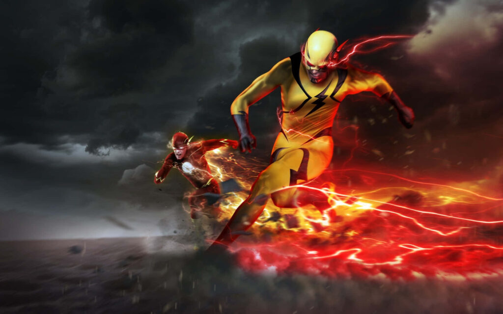 Vibrant The Flash vs. Reverse Flash Wallpaper Under Stormy Sky