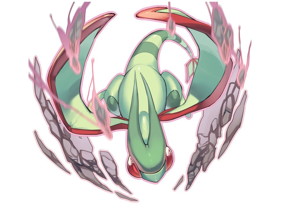 Flygon soaring through rocky debris in dynamic Ground Dragon Pokémon digital wallpaper