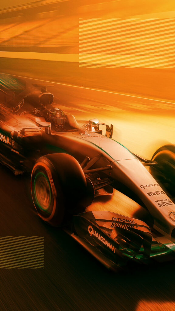 Formula One car racing under vibrant orange lights in stunning 4K quality iPhone wallpaper
