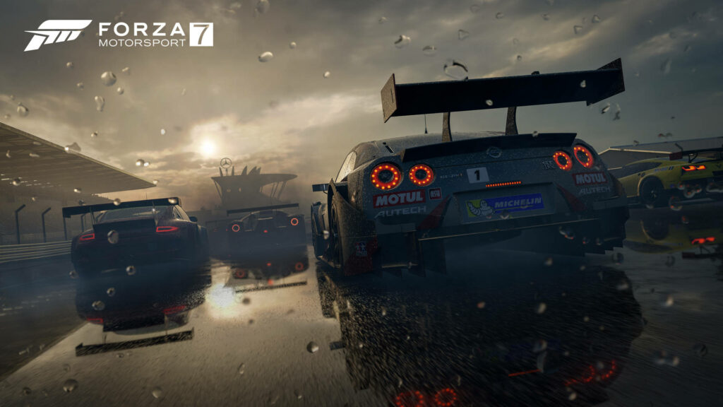 Dynamic Forza Motorsport 7 Wallpaper: Racing Cars on Wet Track