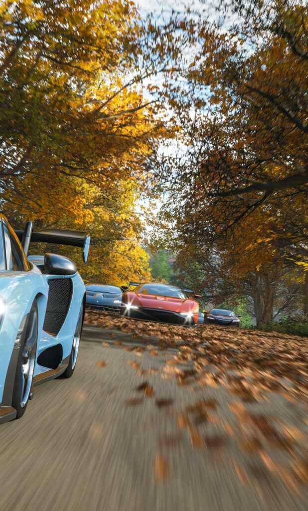 Vibrant Forza Racing Wallpaper – Cars Amid Autumn Foliage
