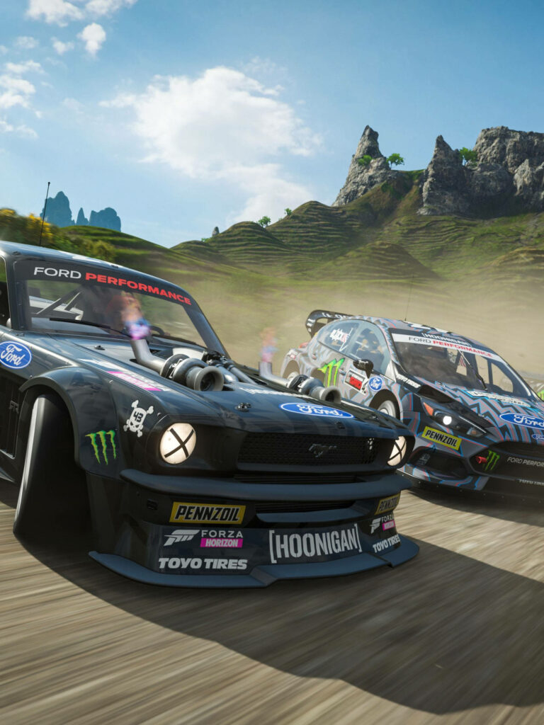 Dynamic Forza Wallpaper: Black Ford Racing Car in Action