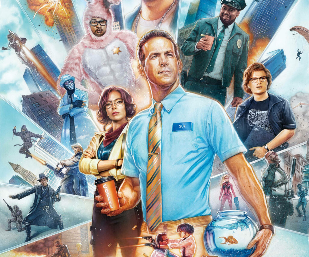 Free Guy Cast Poster Wallpaper: Action-Packed Gaming Adventures