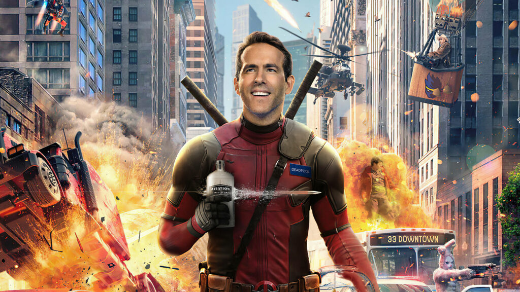 Epic Free Guy & Deadpool Wallpaper: Action-Packed Cityscape