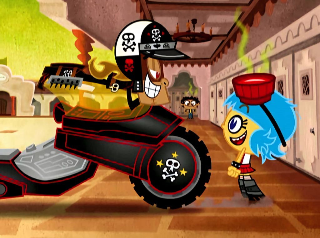Grinning biker on black skull motorcycle picks up blue-haired Frida Manny Rivera shocked background Wallpaper
