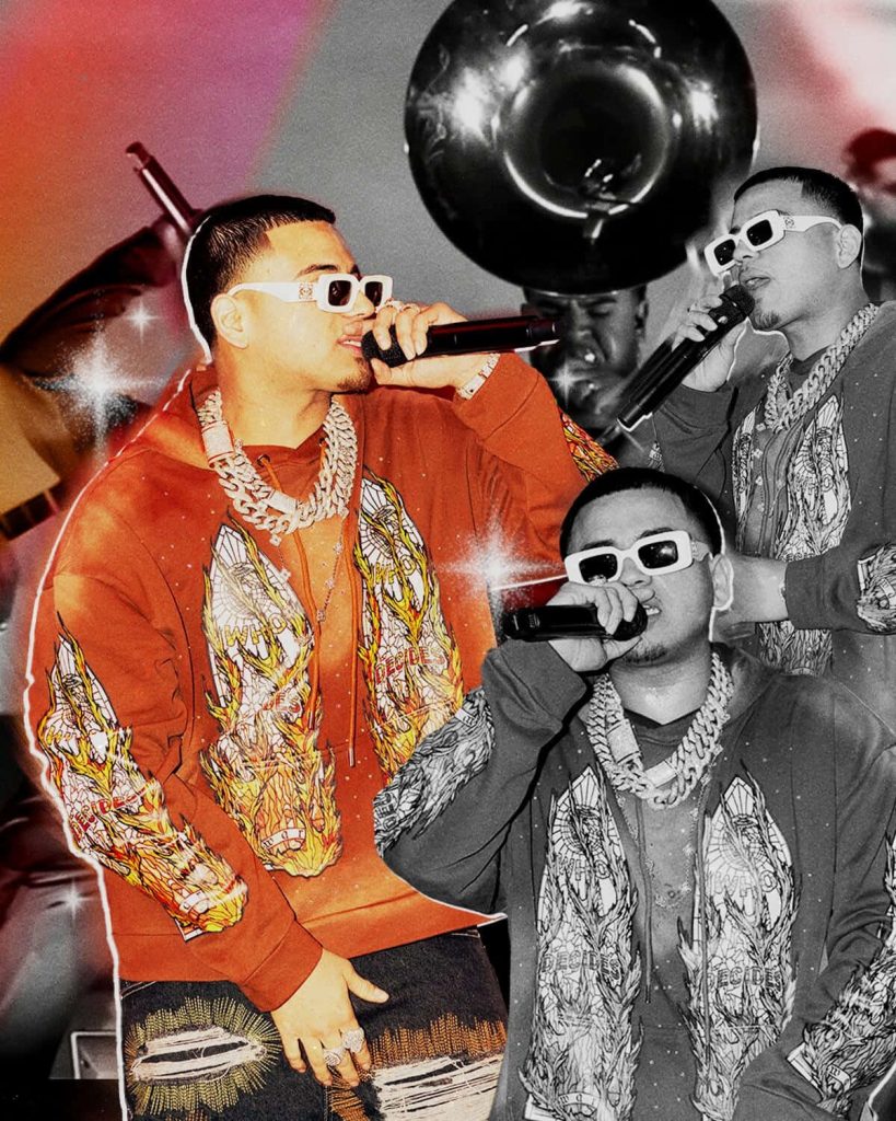 Fuerza Regida wallpaper with Jesús Ortiz Paz live, white sunglasses, chains, flame hoodie background