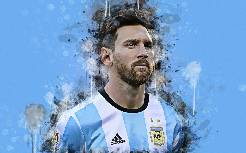 Mesmerizing Messi: A Vibrant 4K Ultra HD Wallpaper Seamlessly Blending Black, White, and Blue Paint with Lionel Messi's Striking Image