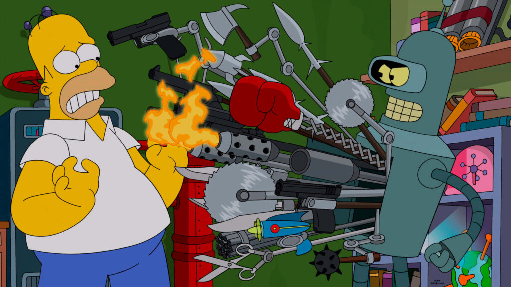 Futurama's Bender vs. Homer Simpson: Epic Comedy Wallpaper