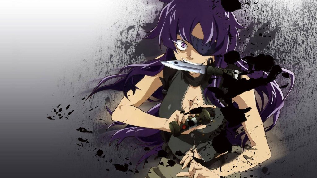 Minene Uryuu from Future Diary fierce pose with eyepatch knife and grenade on grunge background Wallpaper