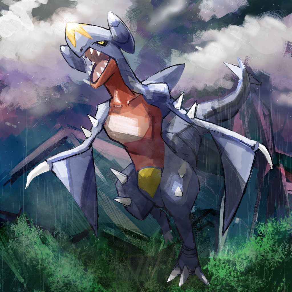 Dynamic digital painting of Garchomp Dragon Ground type in stormy landscape with greenery Wallpaper