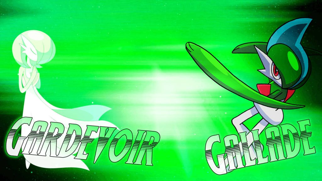 Gardevoir and Gallade glowing green psychic fighting duo Pokémon wallpaper background