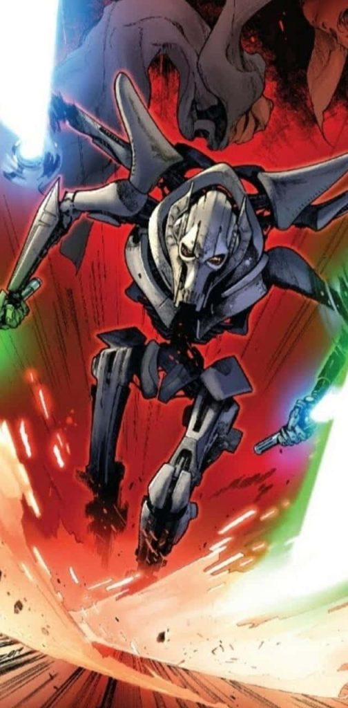 General Grievous comic style wallpaper attacking with glowing lightsabers on red background