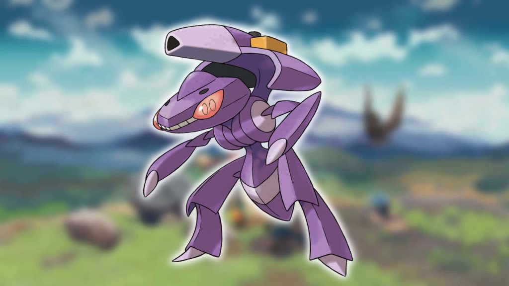 Genesect Pokémon in metallic purple with cannon on vibrant blurred nature background wallpaper