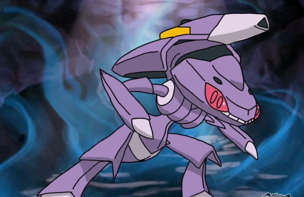 Genesect Pokémon wallpaper with dynamic pose and blue energy mist anime-style digital art background
