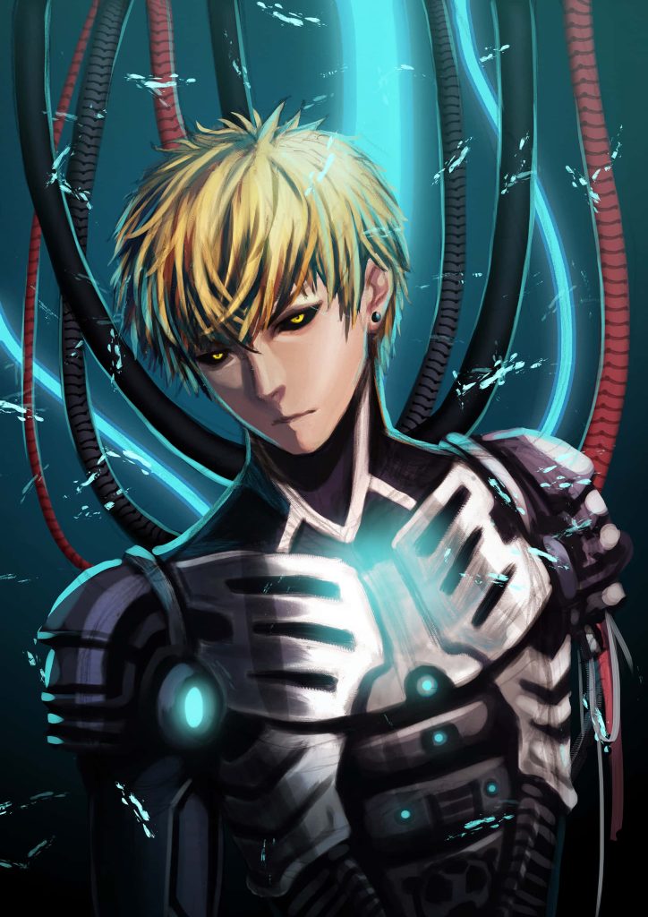 Genos One Punch Man wallpaper cybernetic armor piercing yellow eyes blue futuristic lighting