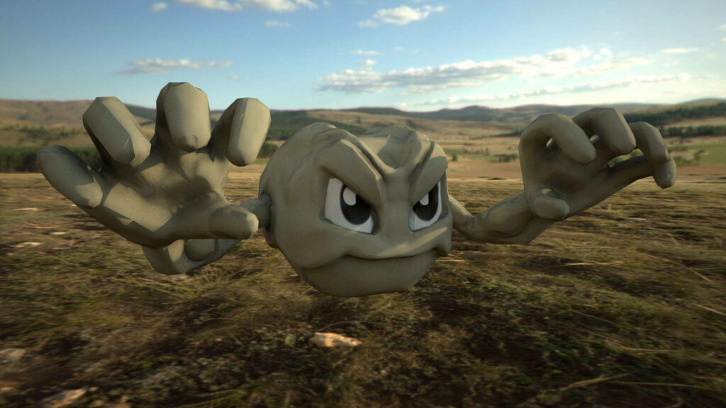 Geodude 3D Wallpaper: Rugged Adventure Over Grassy Terrain