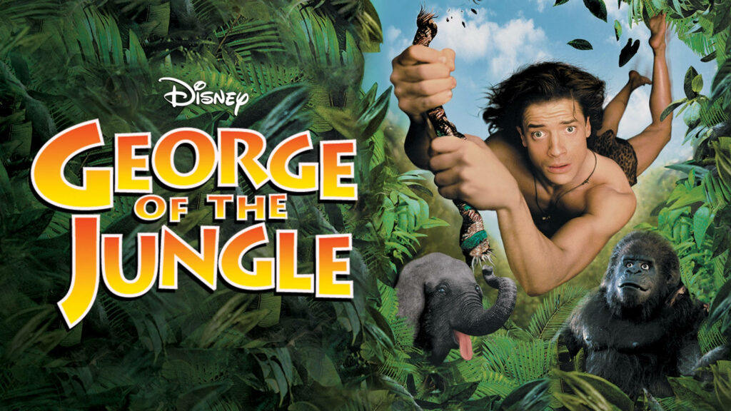 Brendan Fraser swinging on vine in lush jungle vibrant Disney poster thrilling family adventure wallpaper