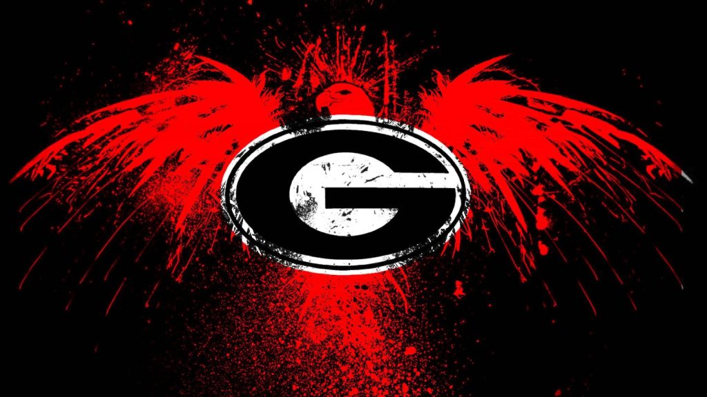 Georgia Bulldogs wallpaper with white black G logo and red splattered bird wings background