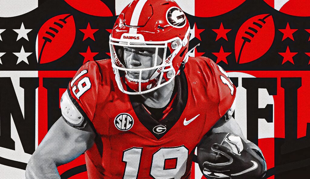 Brock Bowers in red Georgia Bulldogs uniform dynamic football graphic with comic style elements Wallpaper
