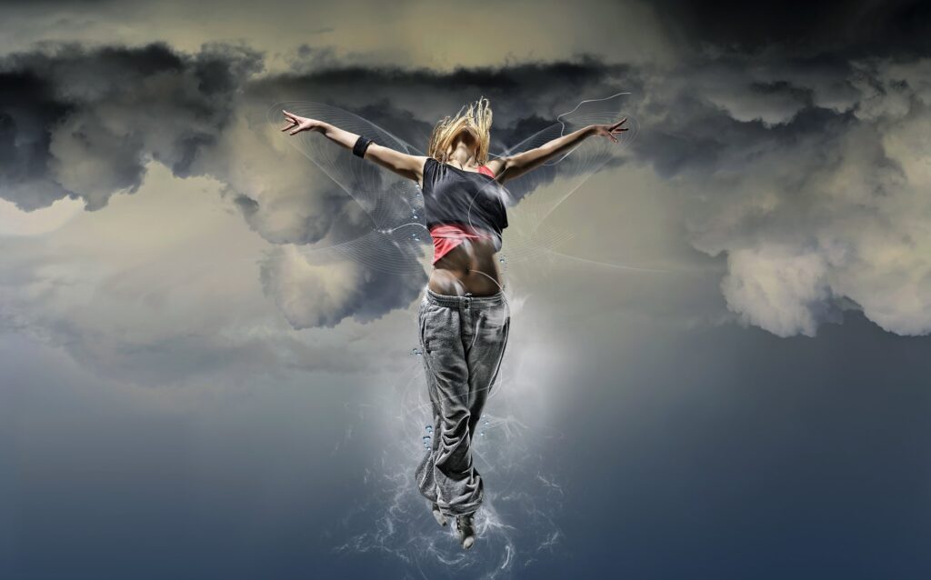 Dynamic Girl in Flight Wallpaper with Dramatic Sky Background