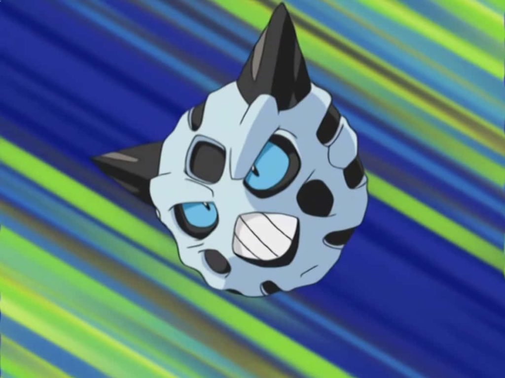 Action-packed anime wallpaper of spiky Ice-type Glalie with dynamic blue green speed lines background