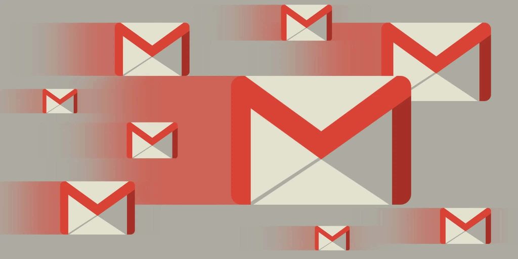 Dynamic Gmail wallpaper with red envelope logos and sleek motion blur on light gray background