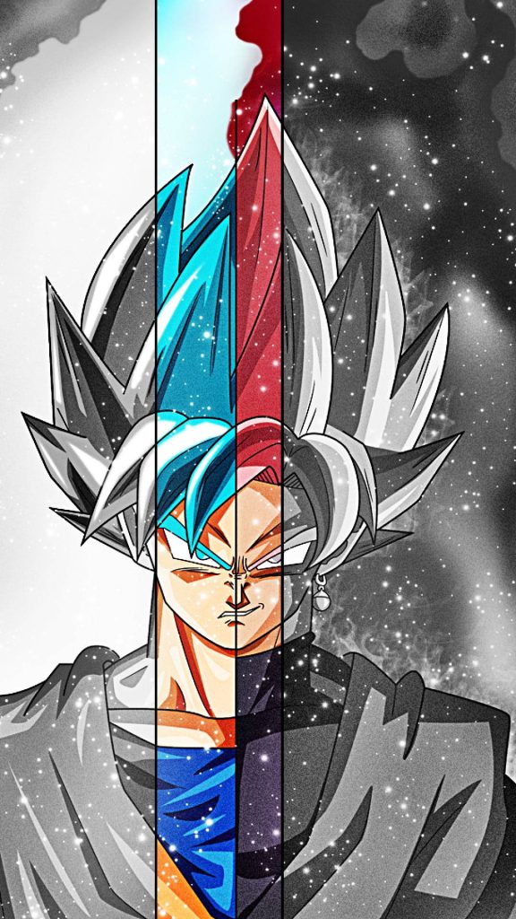 Anime wallpaper of Goku Black split four-slice transition with vibrant Super Saiyan forms and stars
