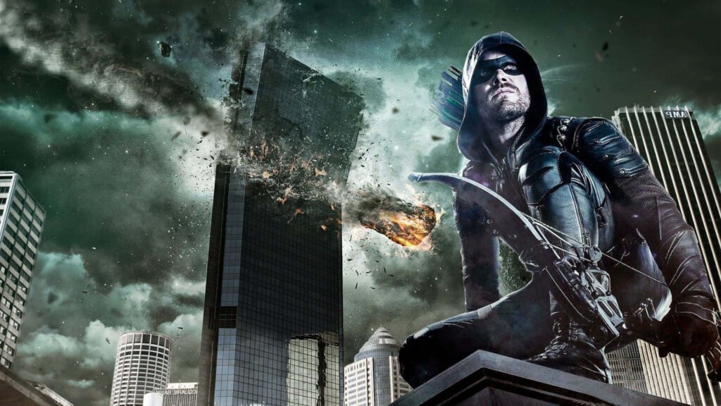 Dynamic Green Arrow Wallpaper: Action-Packed Urban Skyline Scene